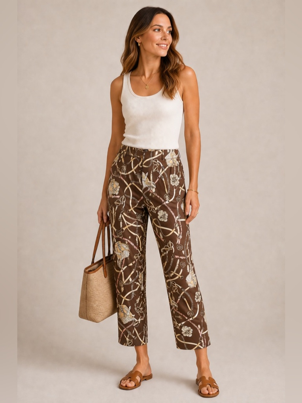 Equestrian Print Trousers 12 Brown Horse Bit Chain Stretch Preppy Pants